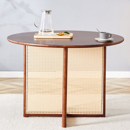 Retro Round Table With Imitation Rattan Rubber Wood - Walnut Home Essentials