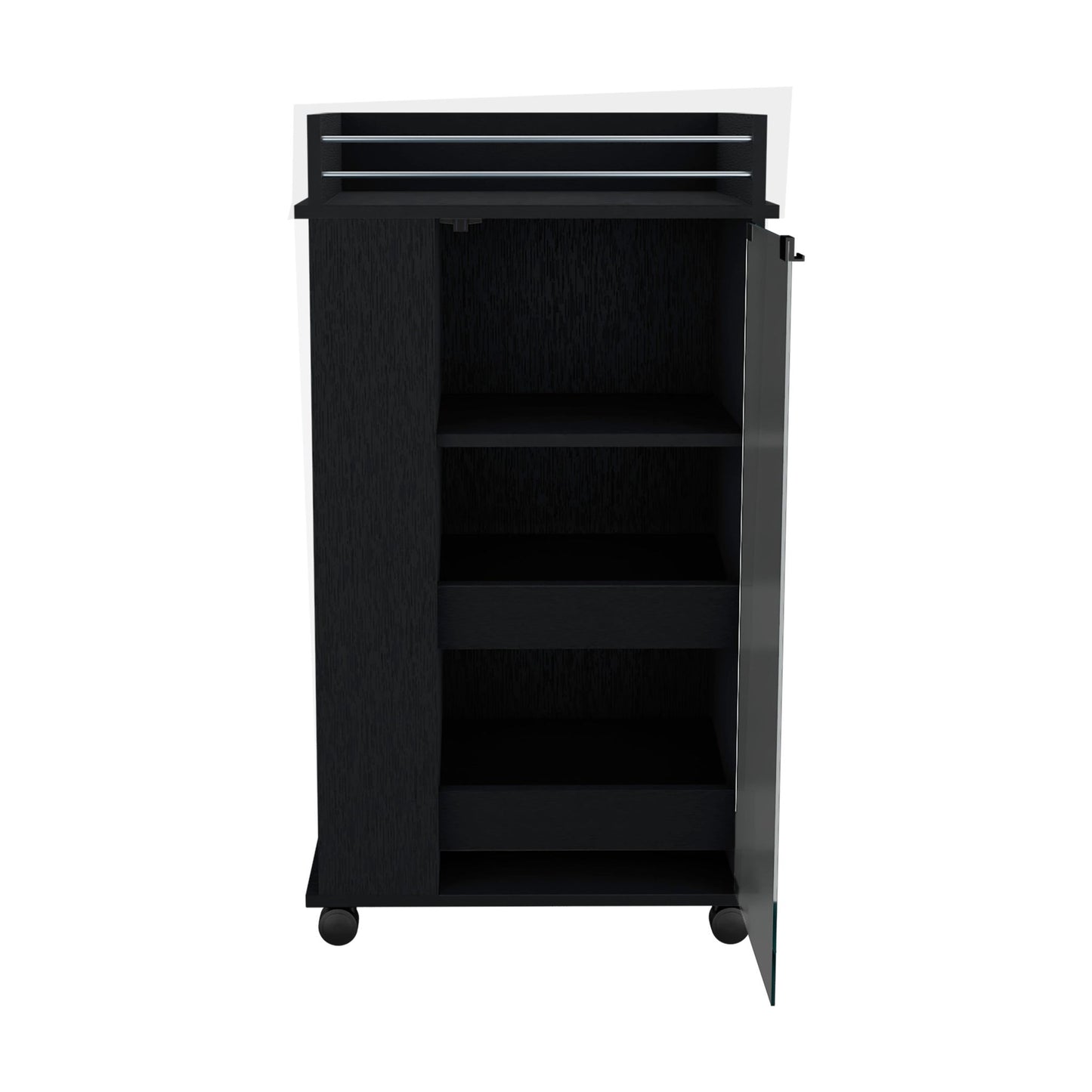 Bar Cart With Glass Door, 2 Side Shelves And Casters - Black Home Essentials