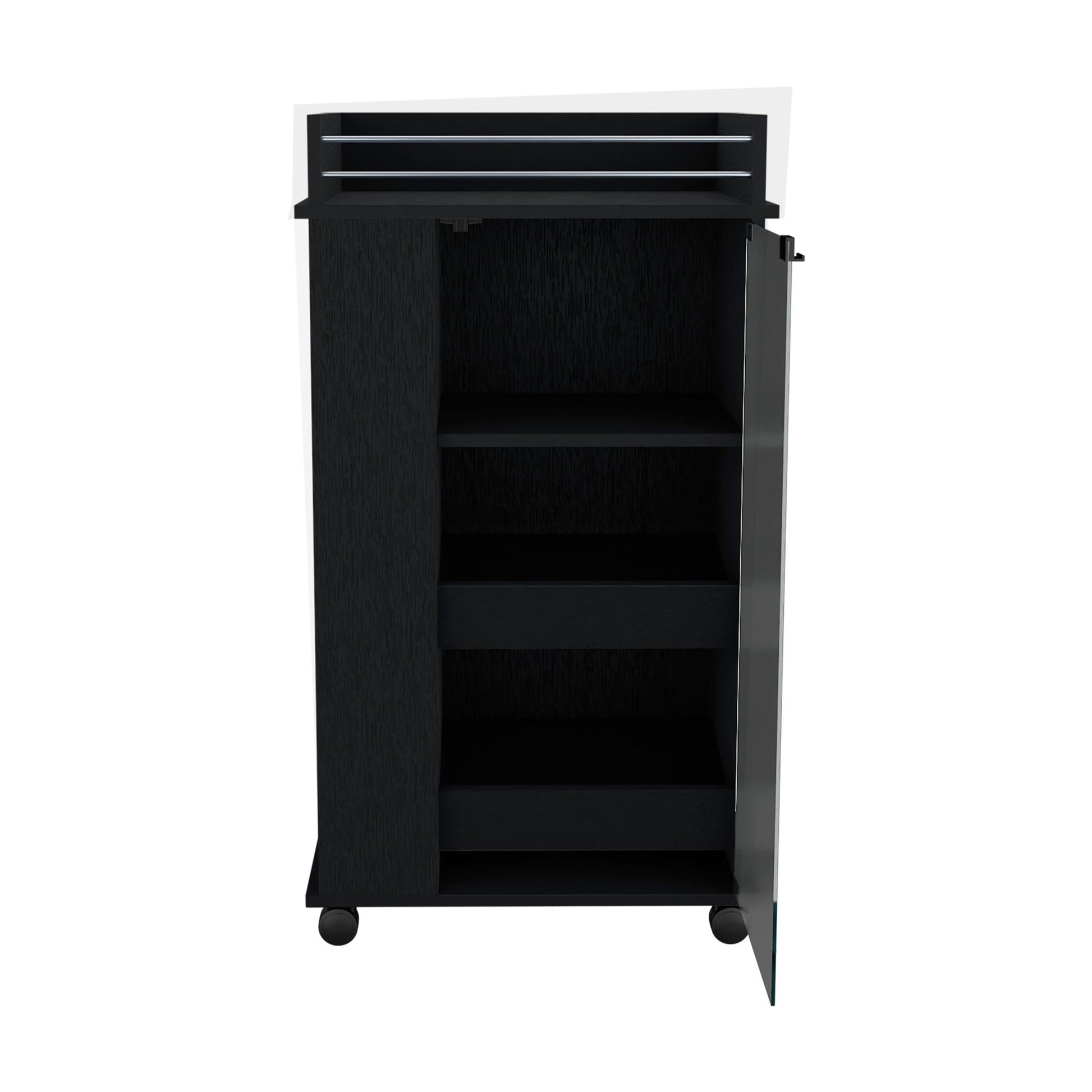 Bar Cart With Glass Door, 2 Side Shelves And Casters - Black Home Essentials