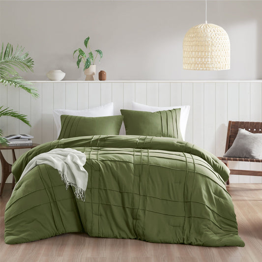 Porter - Queen Soft Washed Pleated Comforter Set - Olive Green Super Listing