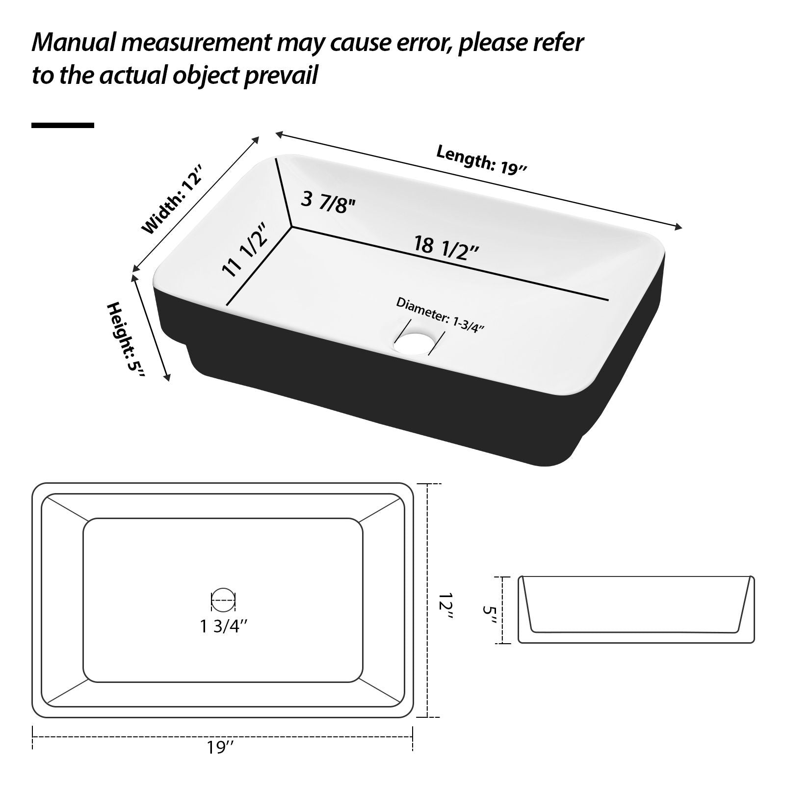 Semi Recessed Bathroom Sink With Vessel Design, Durable Glazed - White / Black Daily Nest