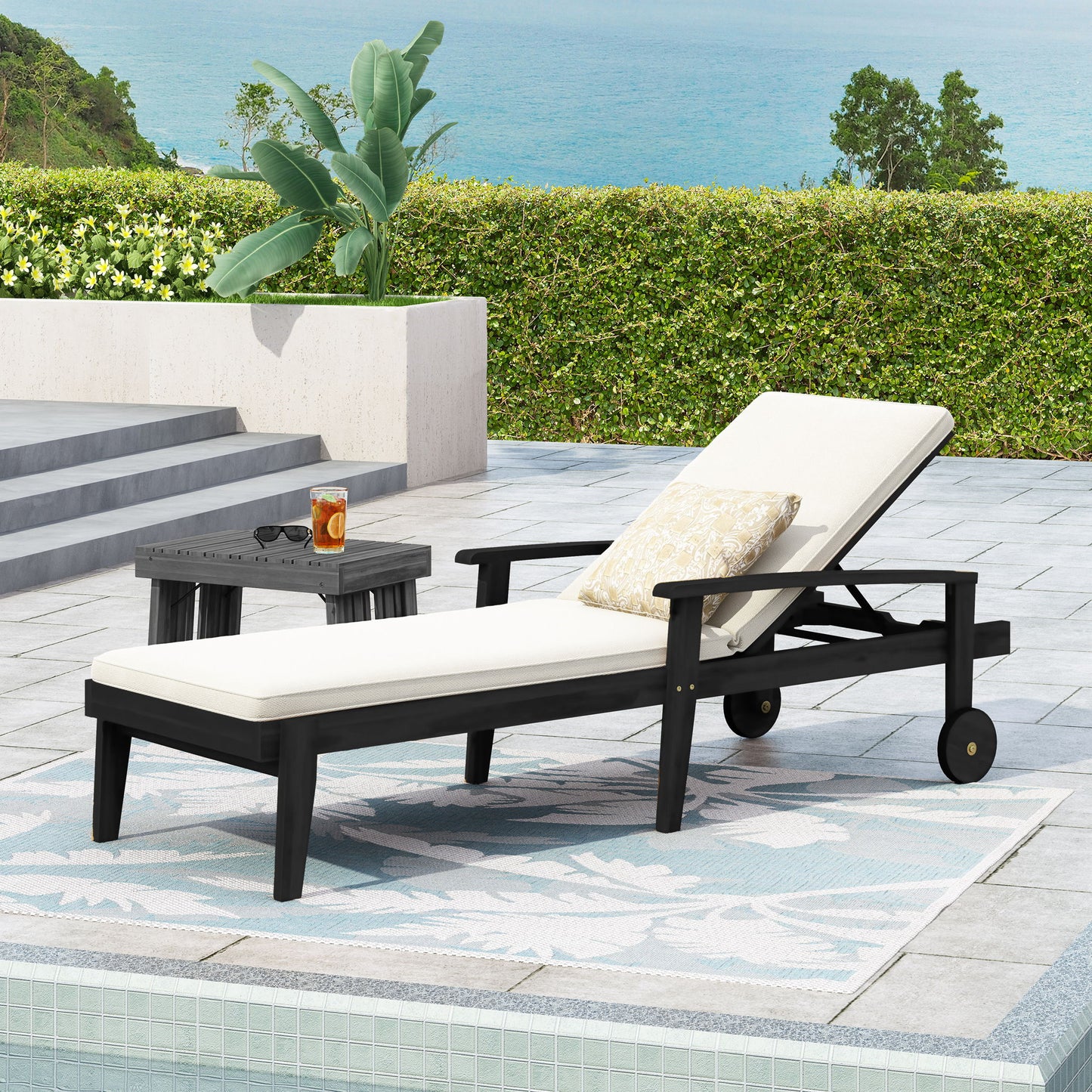 Jason - Black Chaise Lounge Adjustable Acacia Wood Outdoor Furniture Noble House