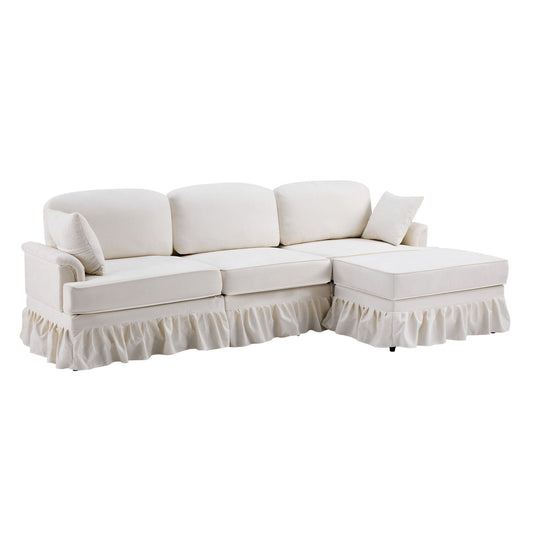 L-Shaped Sectional Sofa With Removable Ruffled Skirt, Flared Arms, Ottoman - White Home Essentials