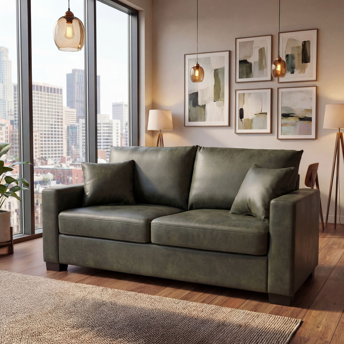 2 Seater Sofa, 2 Throw Pillows For Living Room - Olive Green Home Essentials