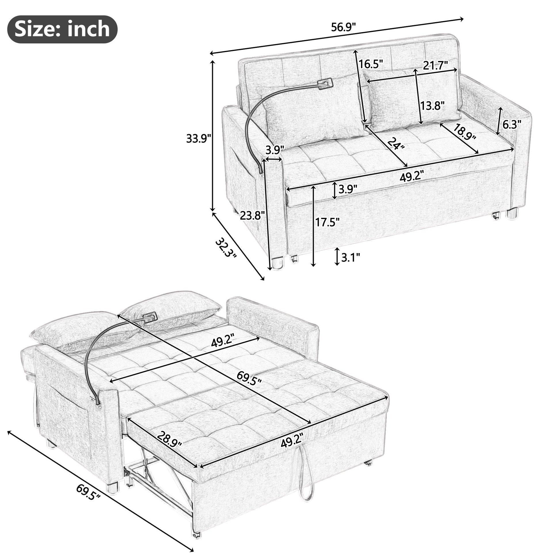 Loveseat Sofa Bed Sleeper With Reversible Backrest, Side Pockets, USB Ports, Phone Holder Hearth and Haven