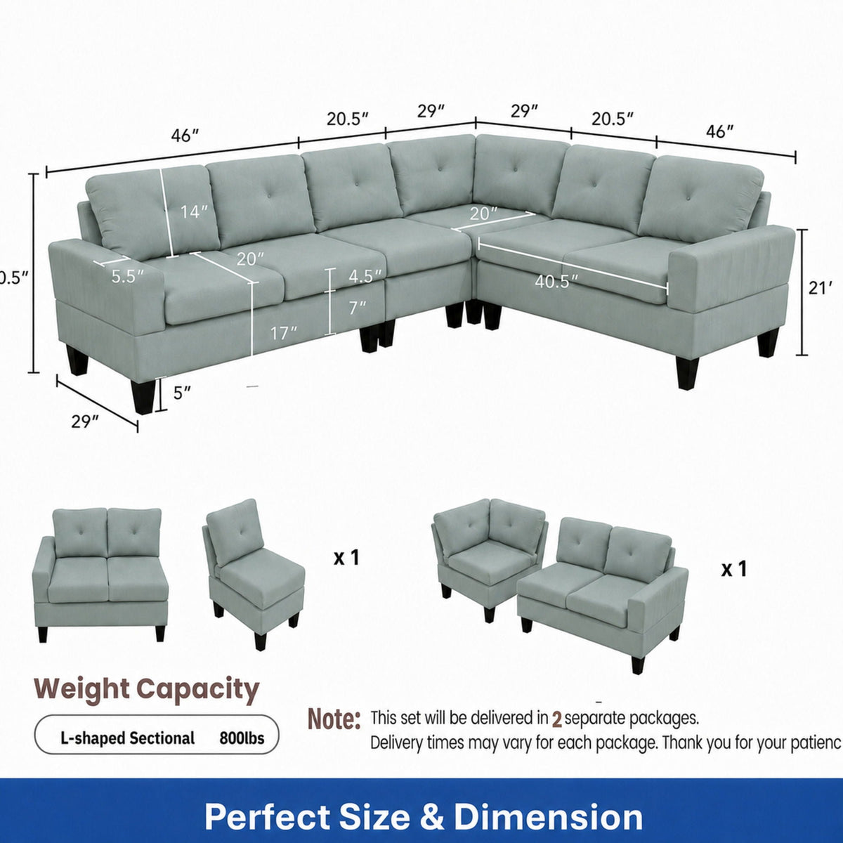 Modular L - Shaped Sectional Sofa 6 Seater 4 Piece, Couch With Chaise - Green Home Essentials