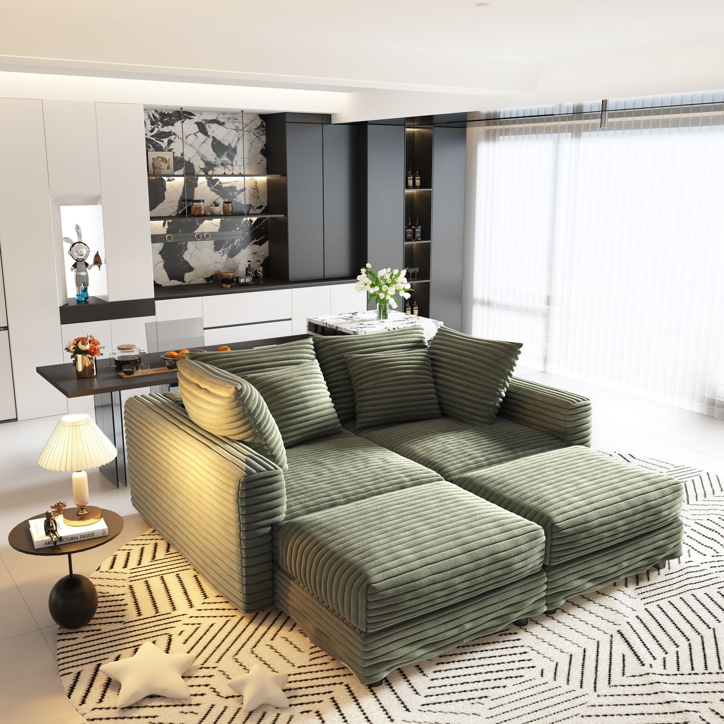 Convertible Deep Seat Sofa With Soft Pillows And Ottomans