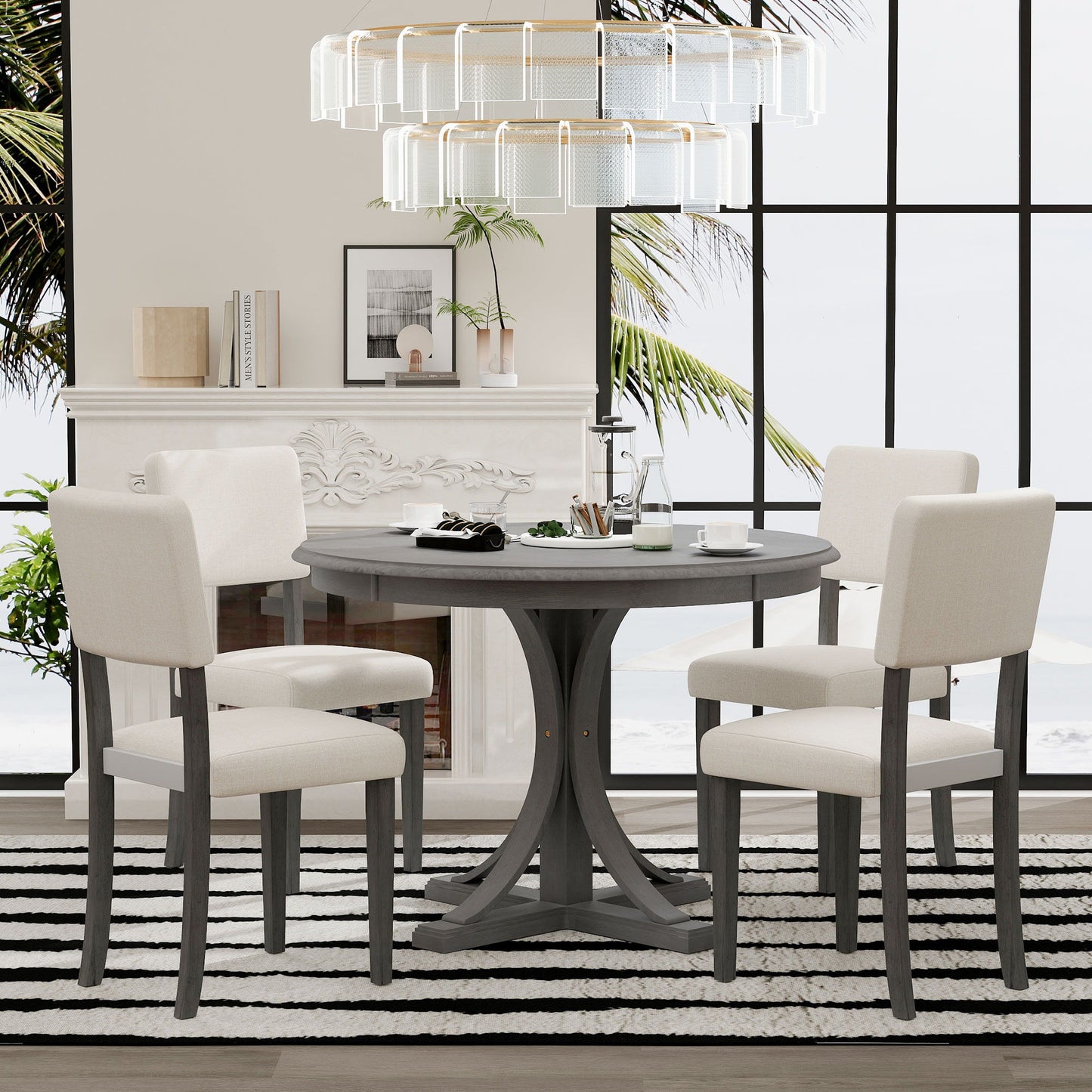 Retro Round Dining Table Set With Curved Trestle Style Table Legs And Upholstered Chairs For Dining Room Hearth and Haven