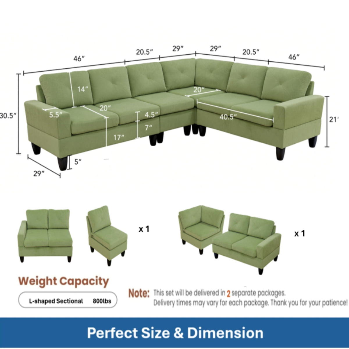 Modular L - Shaped Sectional Sofa, 6 Seater, 4 Piece Couch With Chaise - Green Home Essentials