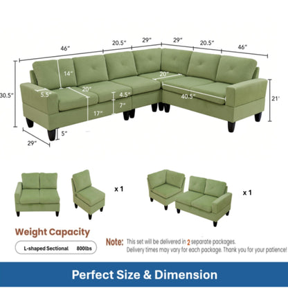 Modular L - Shaped Sectional Sofa, 6 Seater, 4 Piece Couch With Chaise - Green Home Essentials