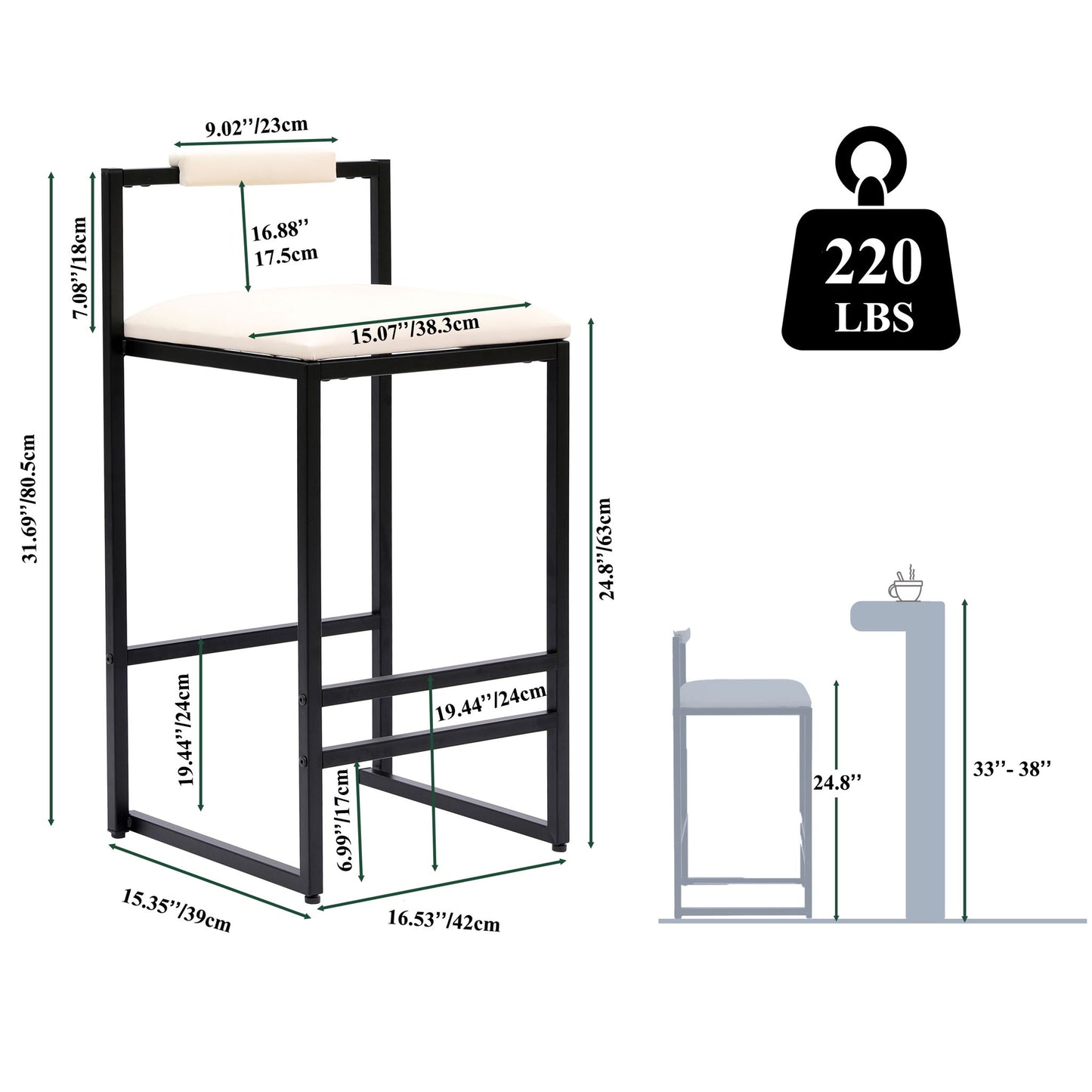 Elegant Bar Stool Set With Backrest And Footrest, Counter Height (Set of 2) Home Essentials