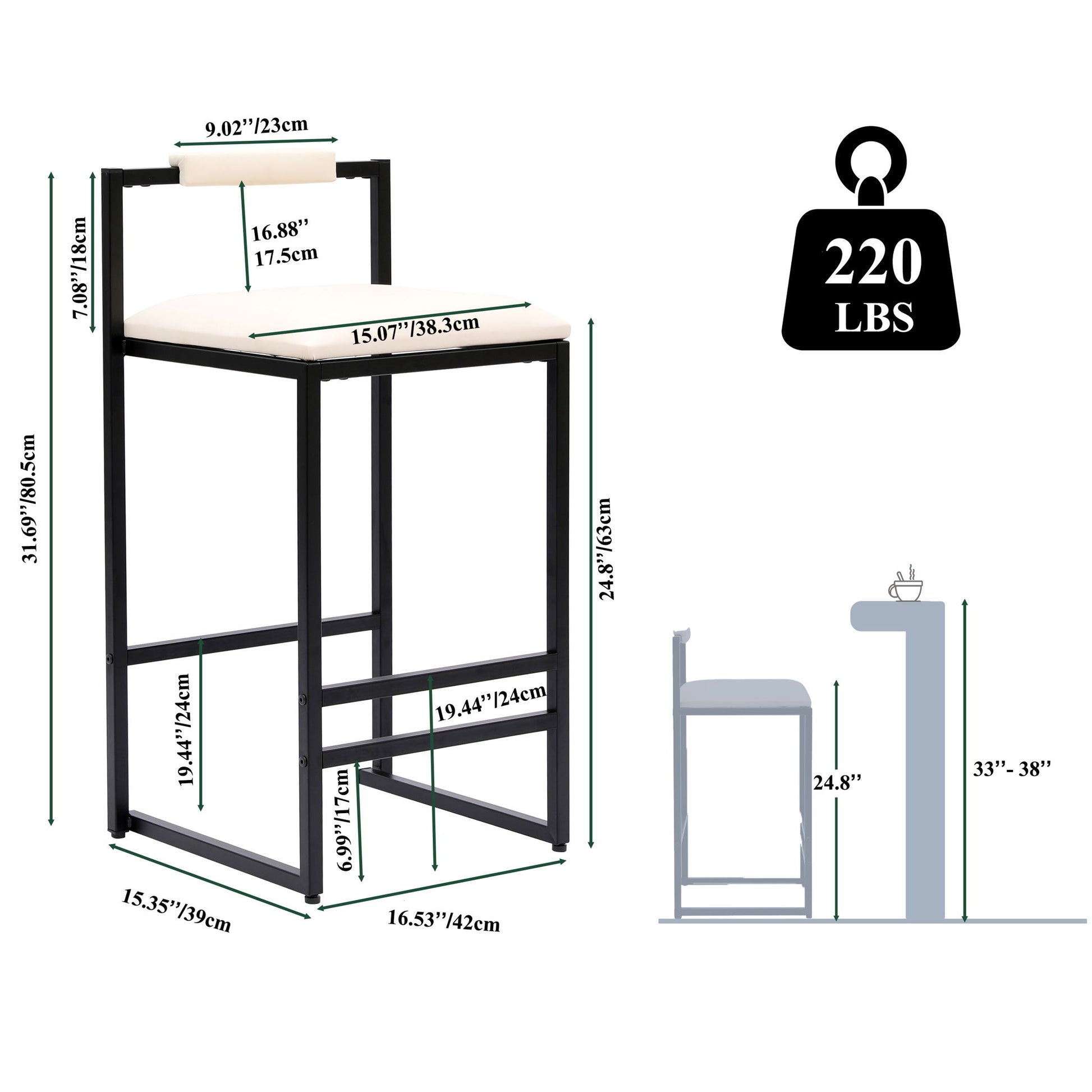 Elegant Bar Stool Set With Backrest And Footrest, Counter Height (Set of 2) Home Essentials