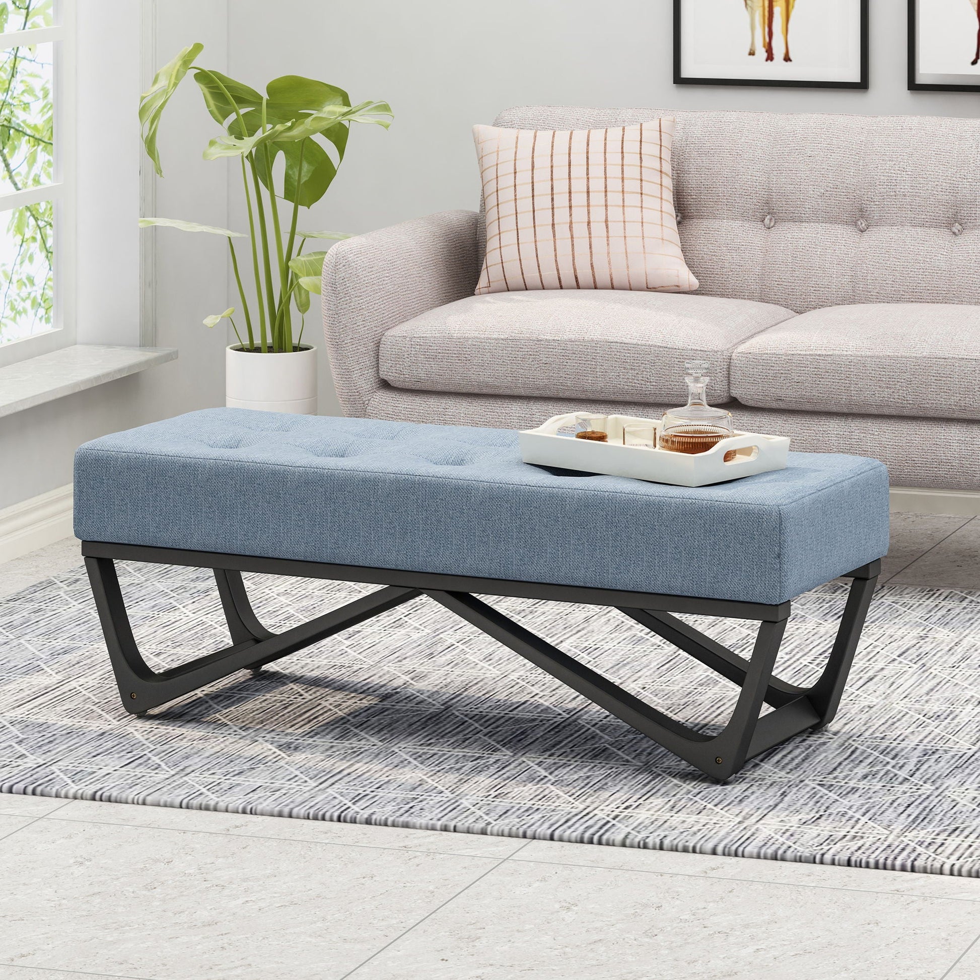 Upholstered Ottoman With Button Tufted Waffle Stitch And Black Geometric Legs - Light Blue Noble House