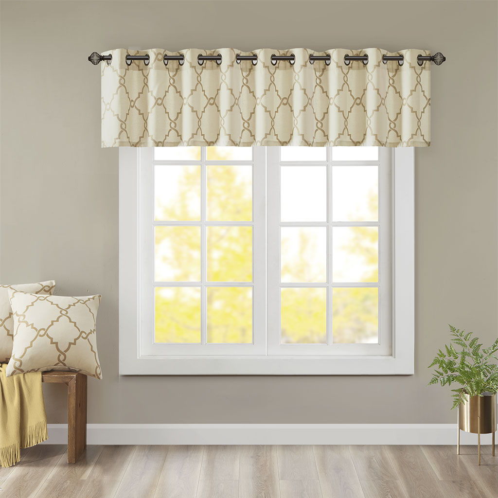 Saratoga - Fretwork Print Grommet Top Window Valance - Beige / Gold