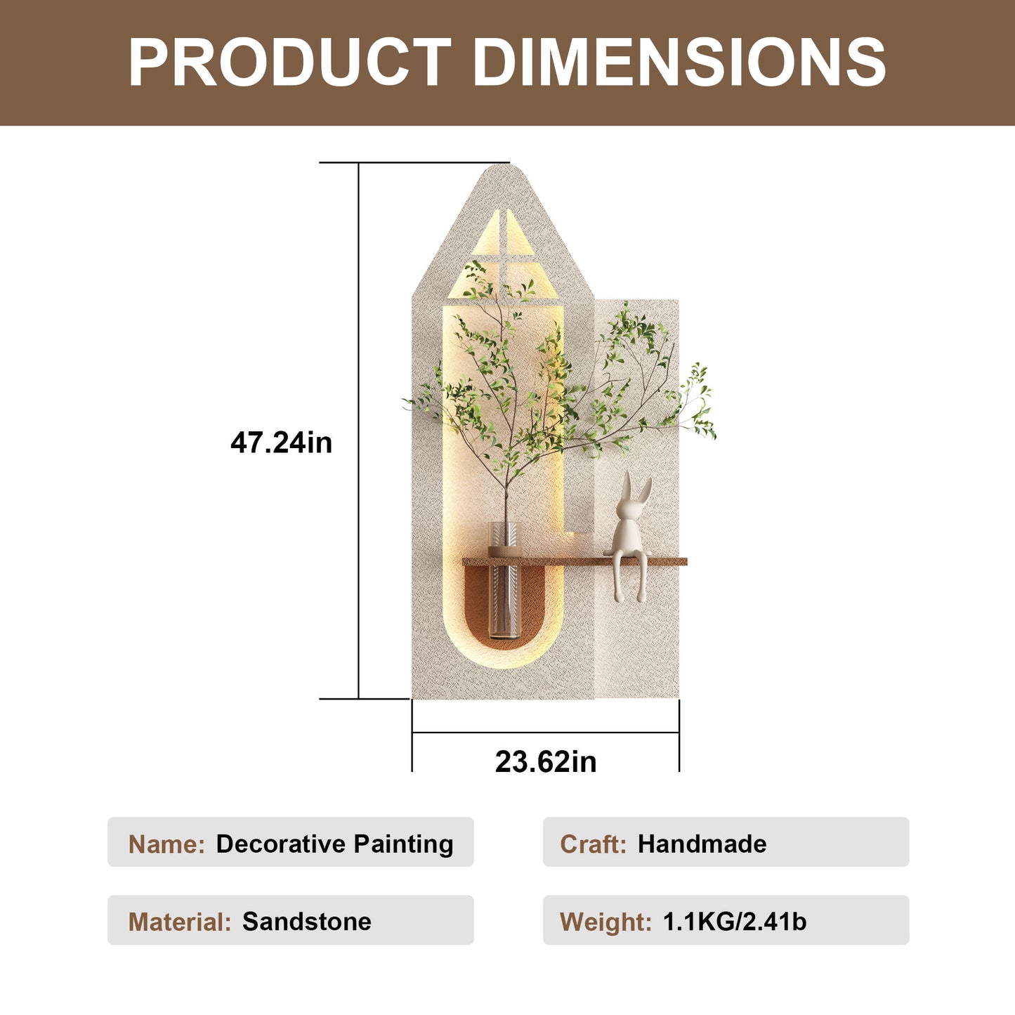 Adjustable 3 Color LED Sandstone Wall Decor With Simulated Plants, Glass Vase & Rabbit Statue - Light Coffee Daily Nest
