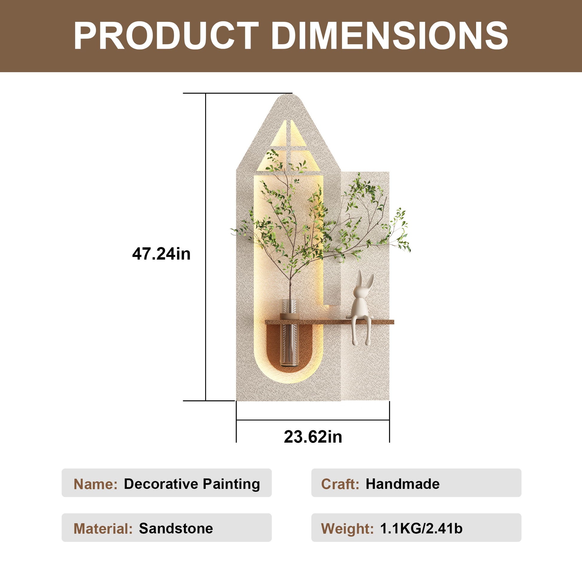 Adjustable 3 Color LED Sandstone Wall Decor With Simulated Plants, Glass Vase & Rabbit Statue - Light Coffee Daily Nest