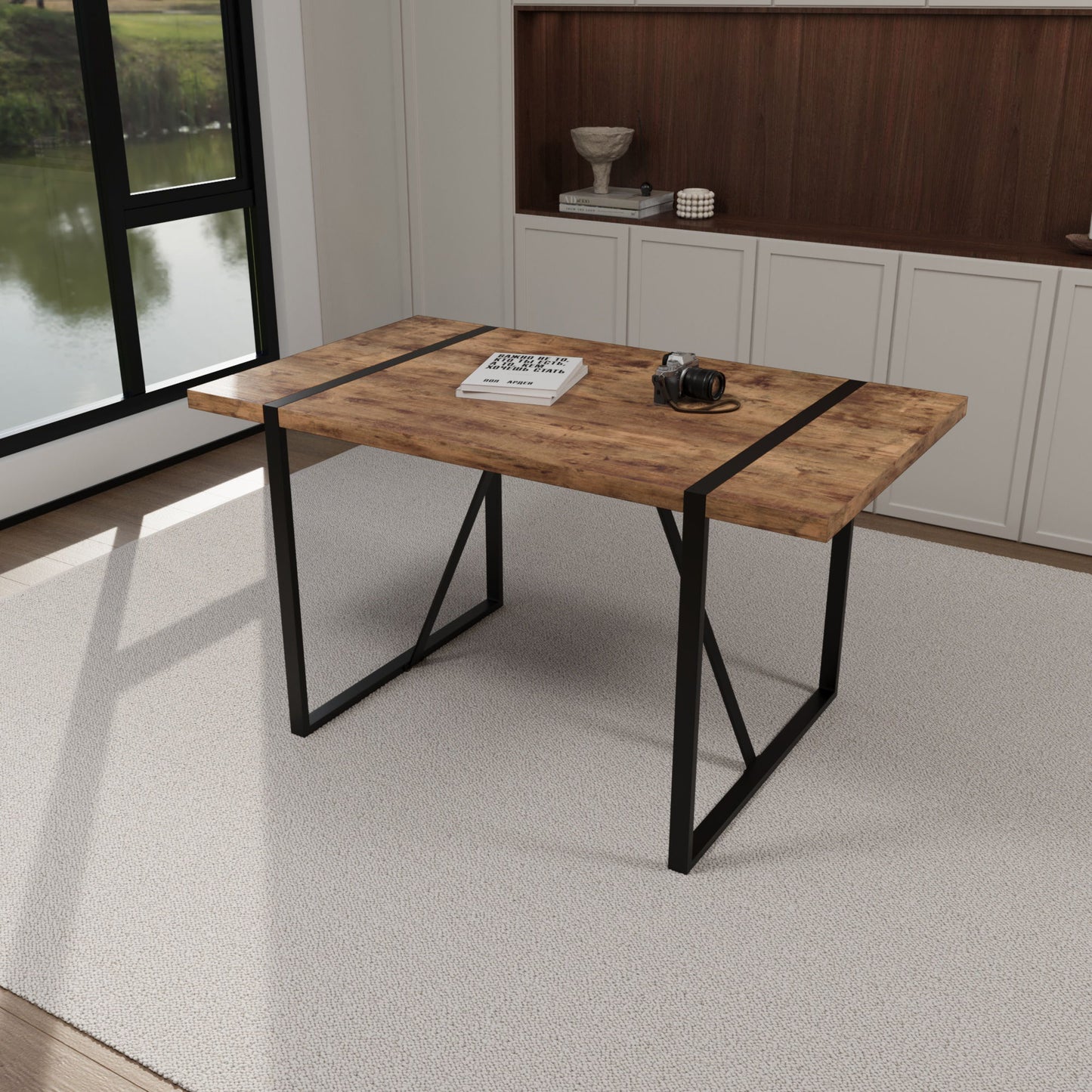 Modern Rural Industrial Dining Table, 55" Rectangular Wood With Metal Legs, Seats 4 - 6 - Wood Home Essentials
