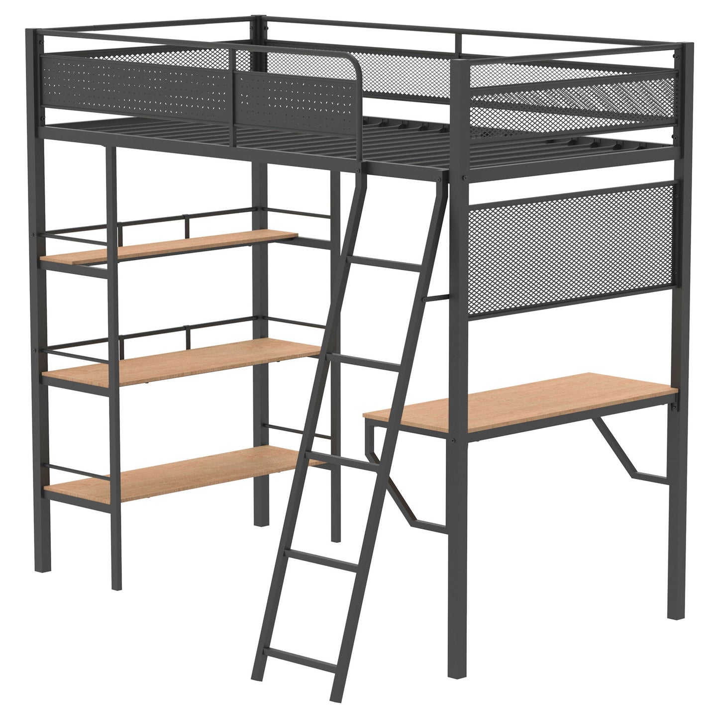 William - Twin Loft Bed 3 Shelf With Built In Desk - Matte Black Furniture Max