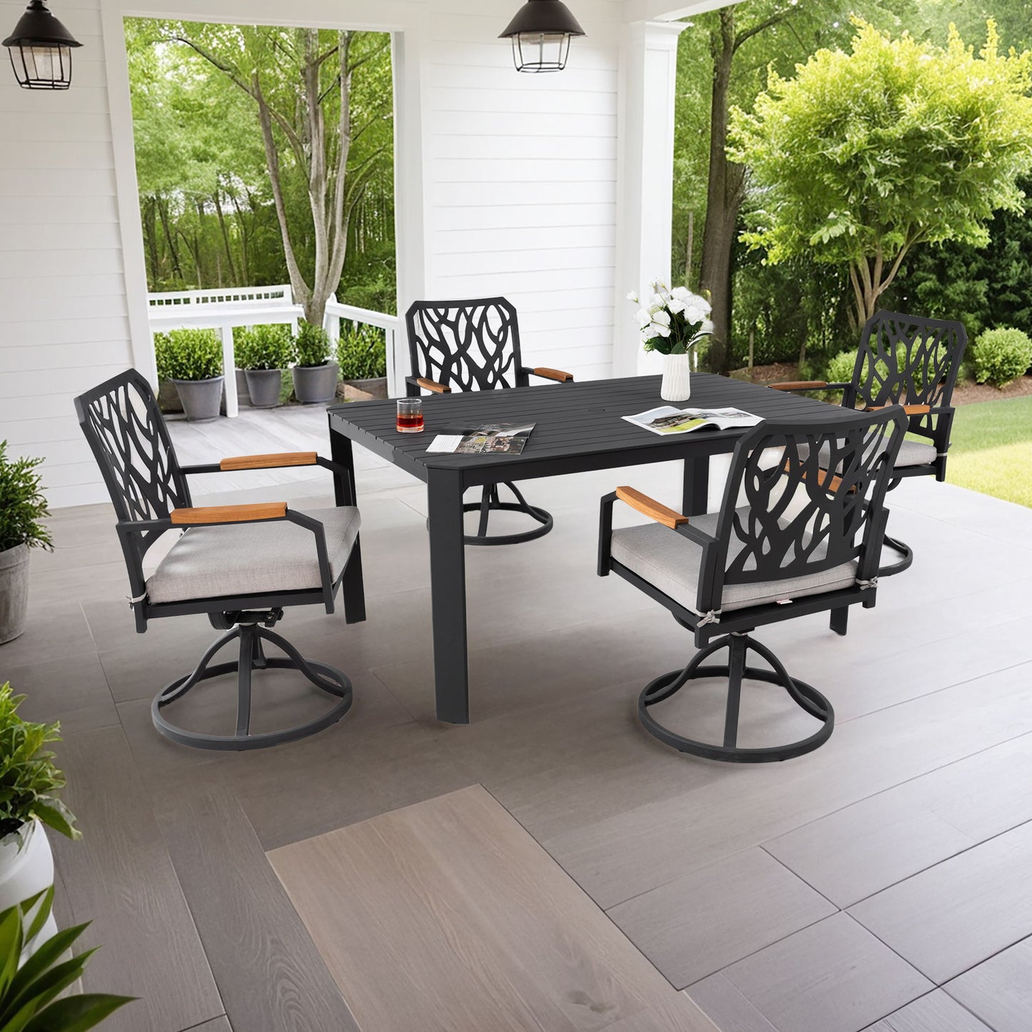 Outdoor Patio Furniture Dining Set With Sunbrella Fabric, Rectangular Table With Umbrella Hole Life Outside