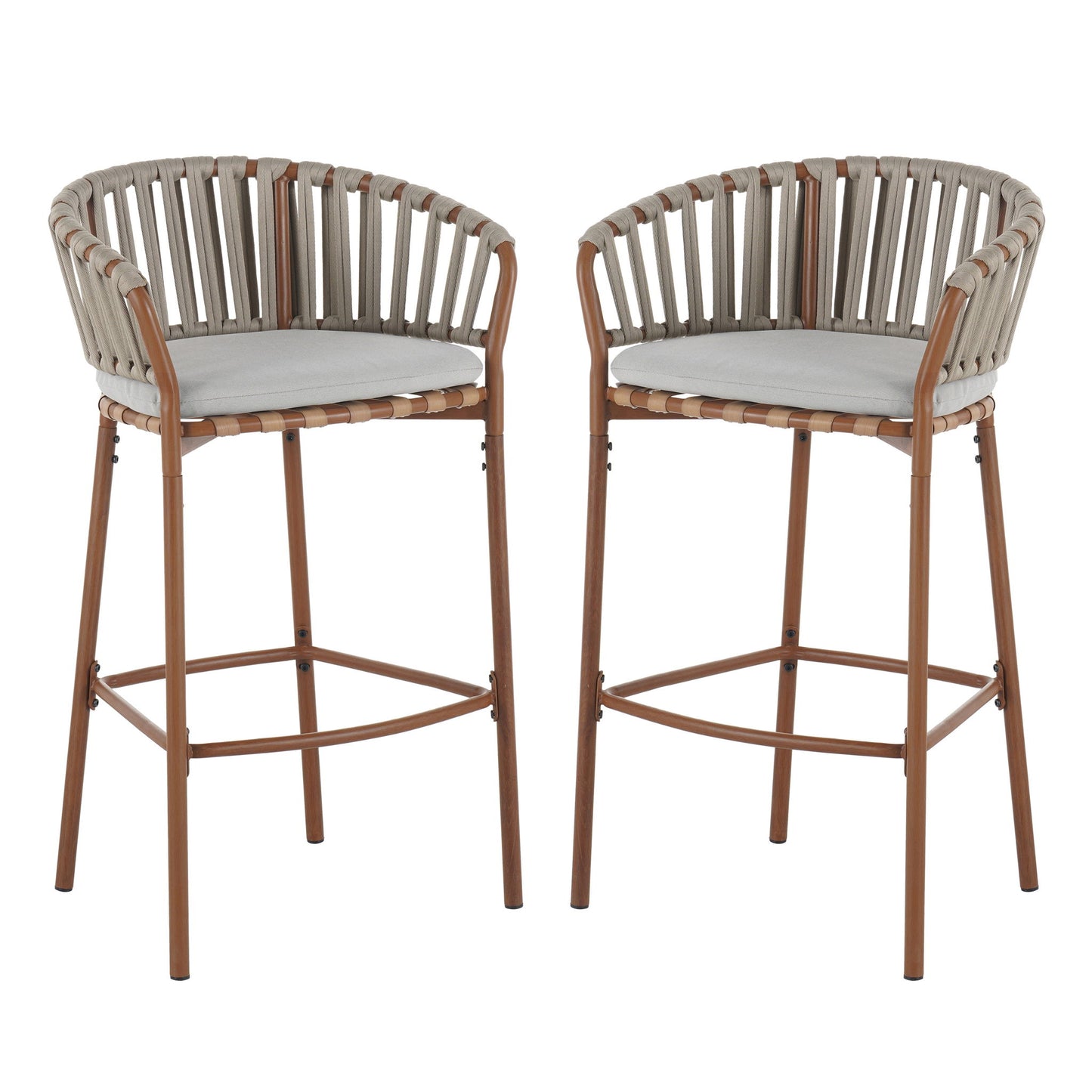 Lodi - Outdoor Matal Rope Barstool, Teak / Beige (Set of 2) - Teak / Beige Noble House