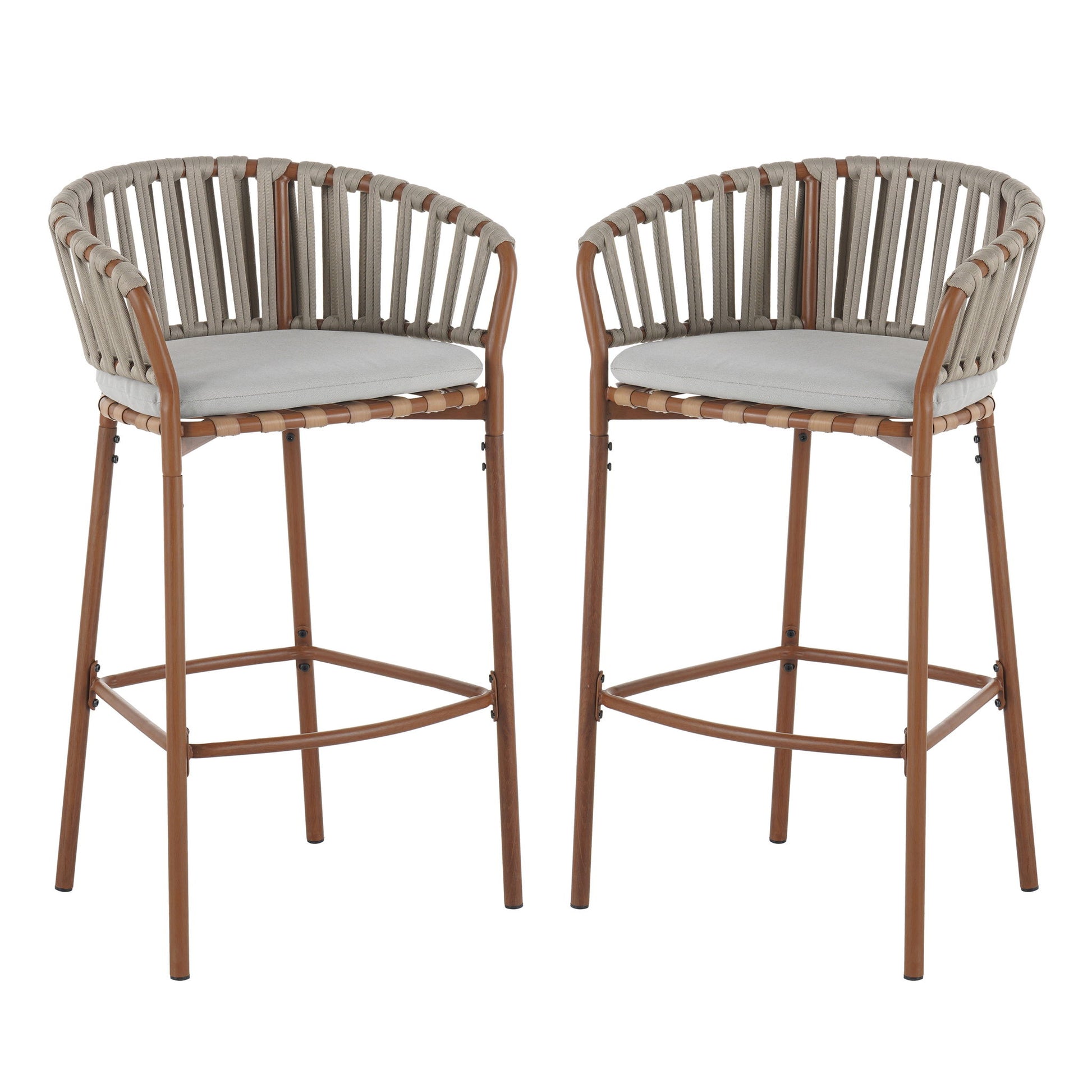 Lodi - Outdoor Matal Rope Barstool, Teak / Beige (Set of 2) - Teak / Beige Noble House