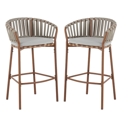 Lodi - Outdoor Matal Rope Barstool, Teak / Beige (Set of 2) - Teak / Beige Noble House