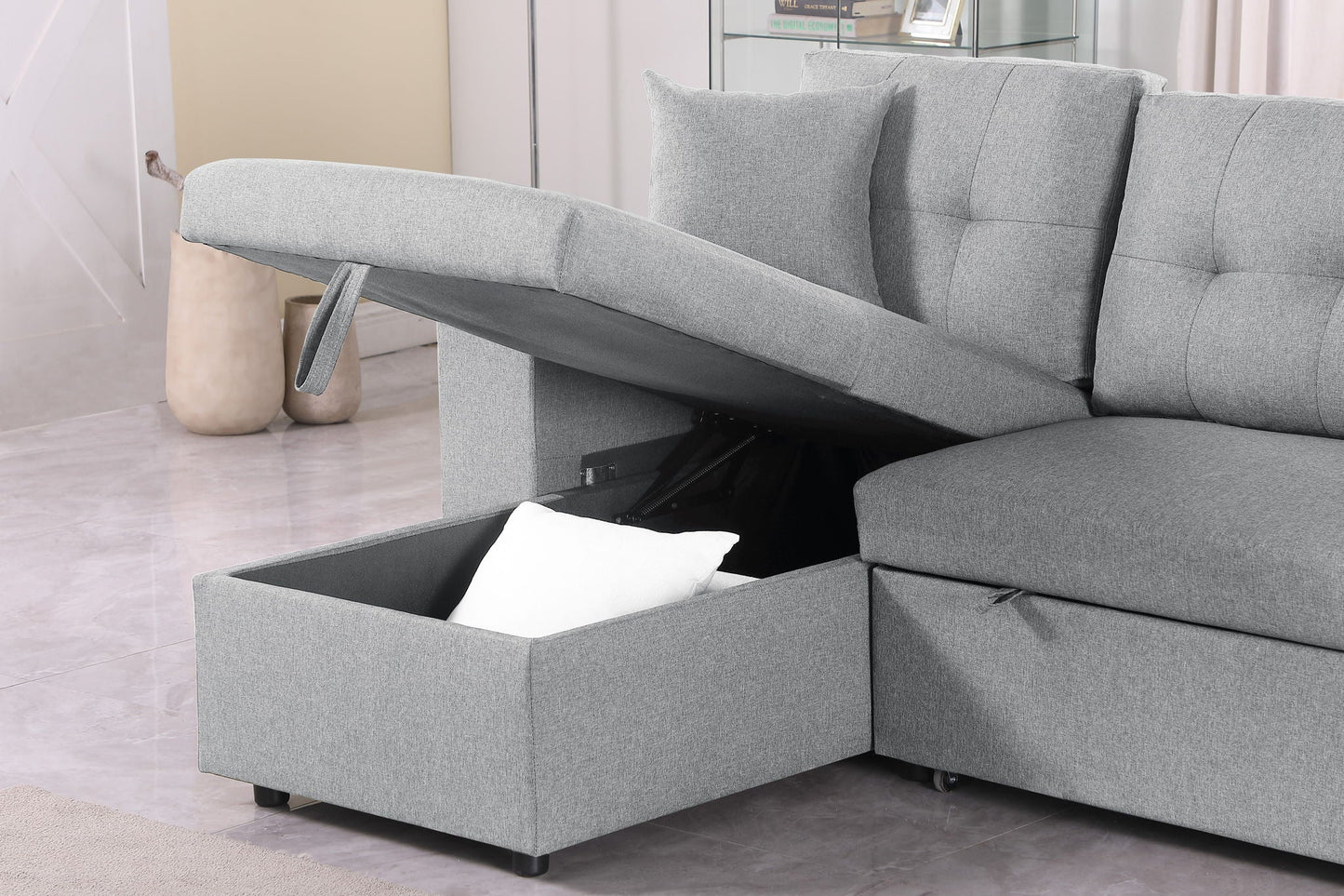 Daniel - Upholstered Reversible Sectional With Pull Out Loveseat - Light Gray Urban Retreats