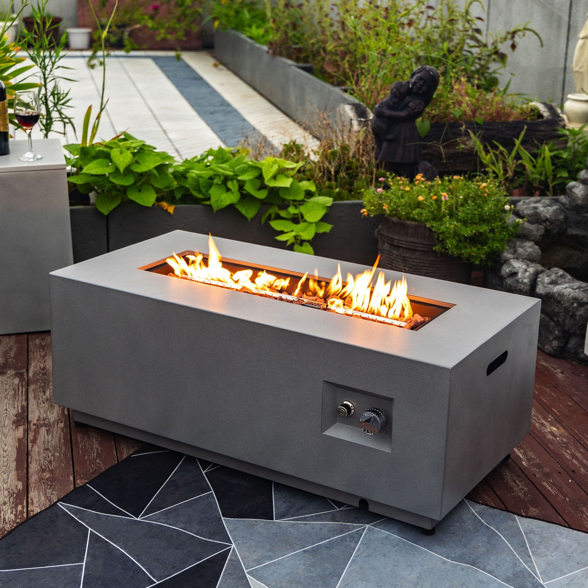 42" Propane Gas Fire Pit Table, 50000 Btu Rectangular Steel Fire Pit With Glass Wind Guard For Outside Patio Deck Garden Courtyard - Gray Home Essentials