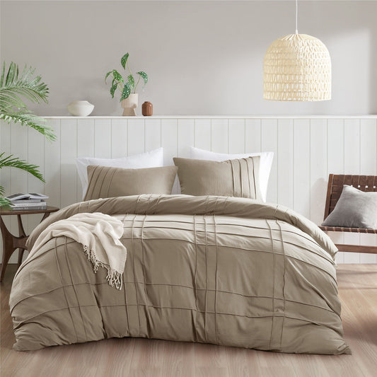 Porter - Queen Soft Washed Pleated Duvet Cover Set - Khaki Super Listing