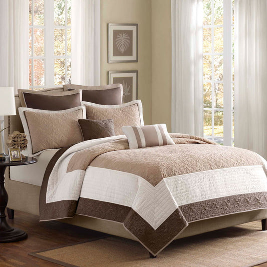 Attingham - King 7 Piece Reversible Coverlet Set - Beige Madison Park