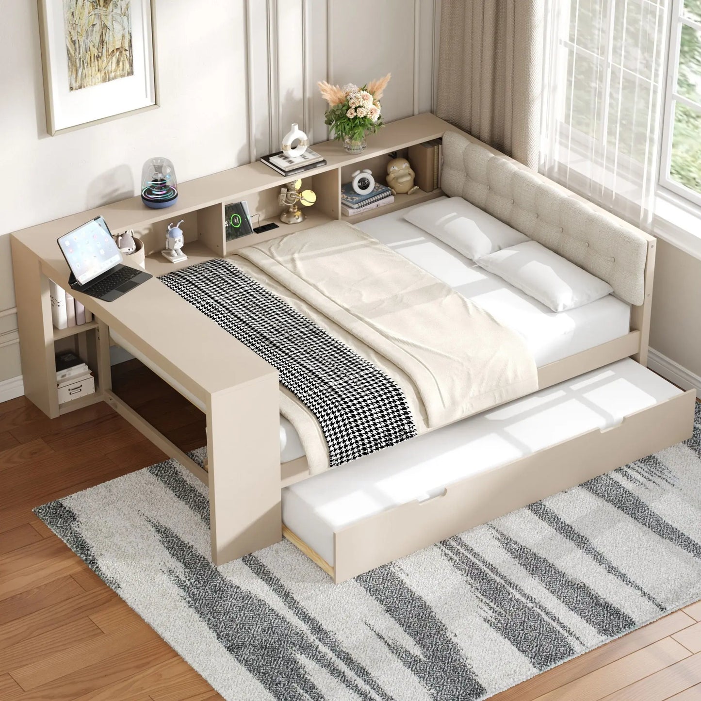 Upholstered Headboard Platform Bed With Storage Shelves, Trundle, Charging Station Hearth and Haven