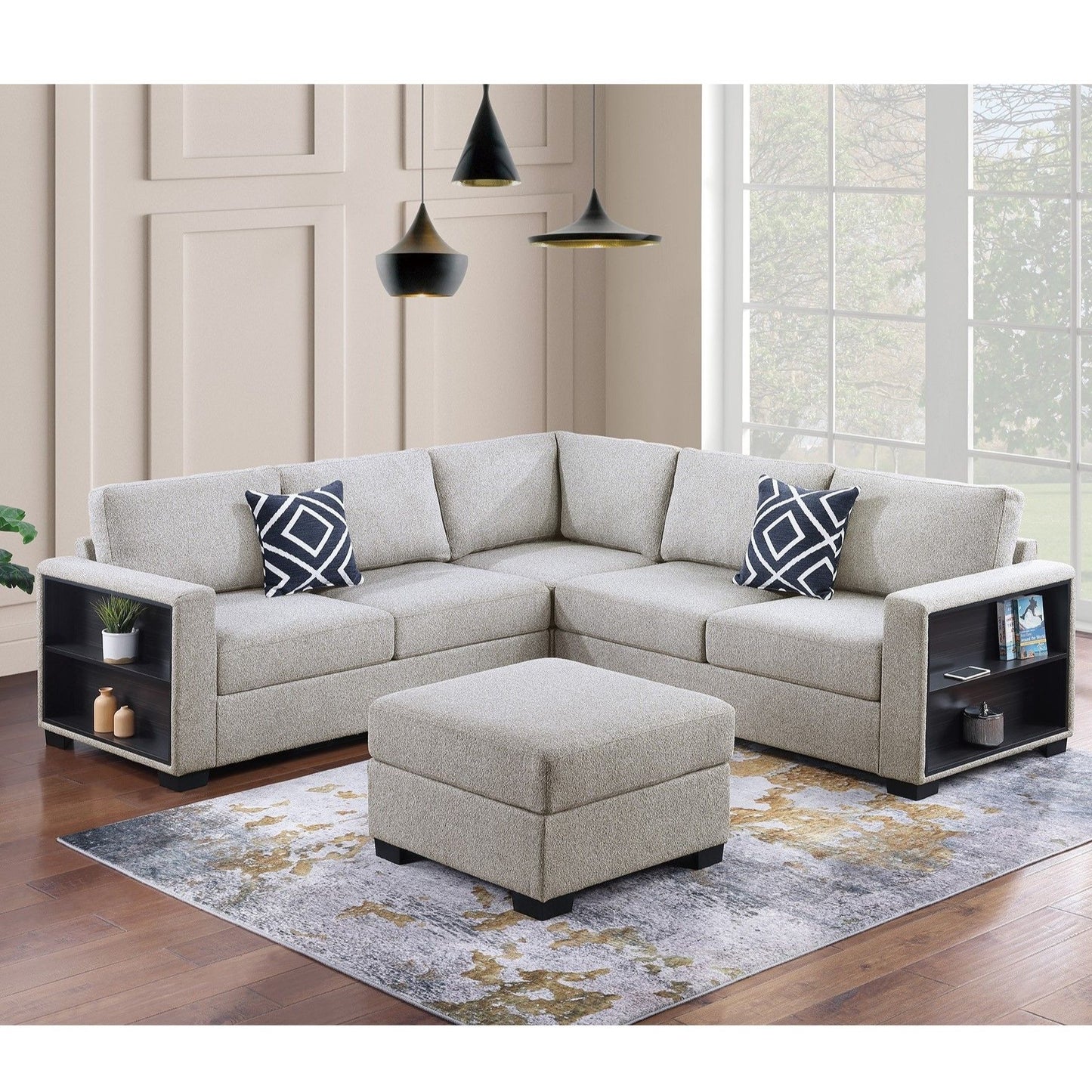 Contemporary Sectional Sofa 4 Piece Set With Built In Shelves L - Shaped Design Home Essentials