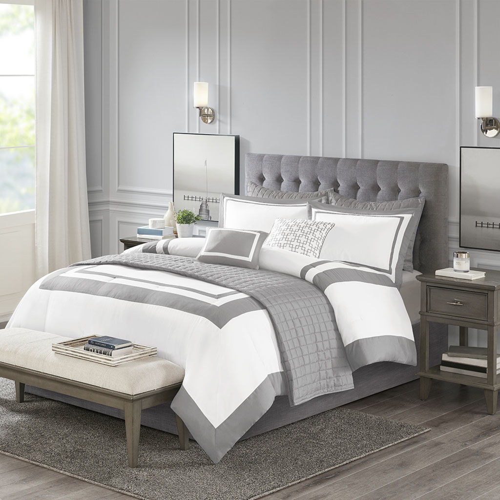Heritage - King 8 Piece Comforter And Coverlet Set Collection - Gray Madison Park