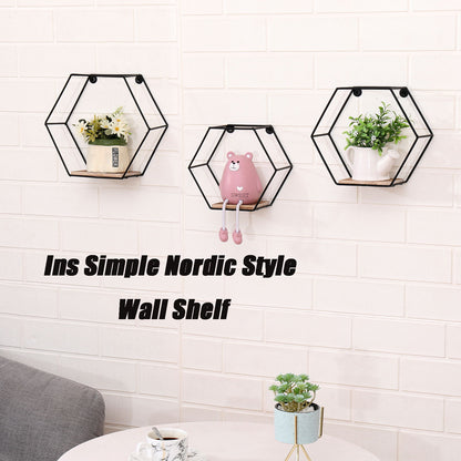 Wall Mounted Hexagonal Floating Shelves - Black (Set of 3) In Different Sizes, Modern Metal Wall Shelf, Simple Wood Partition Storage Shelves, Wall Decor Rack - Natural Wood Daily Nest
