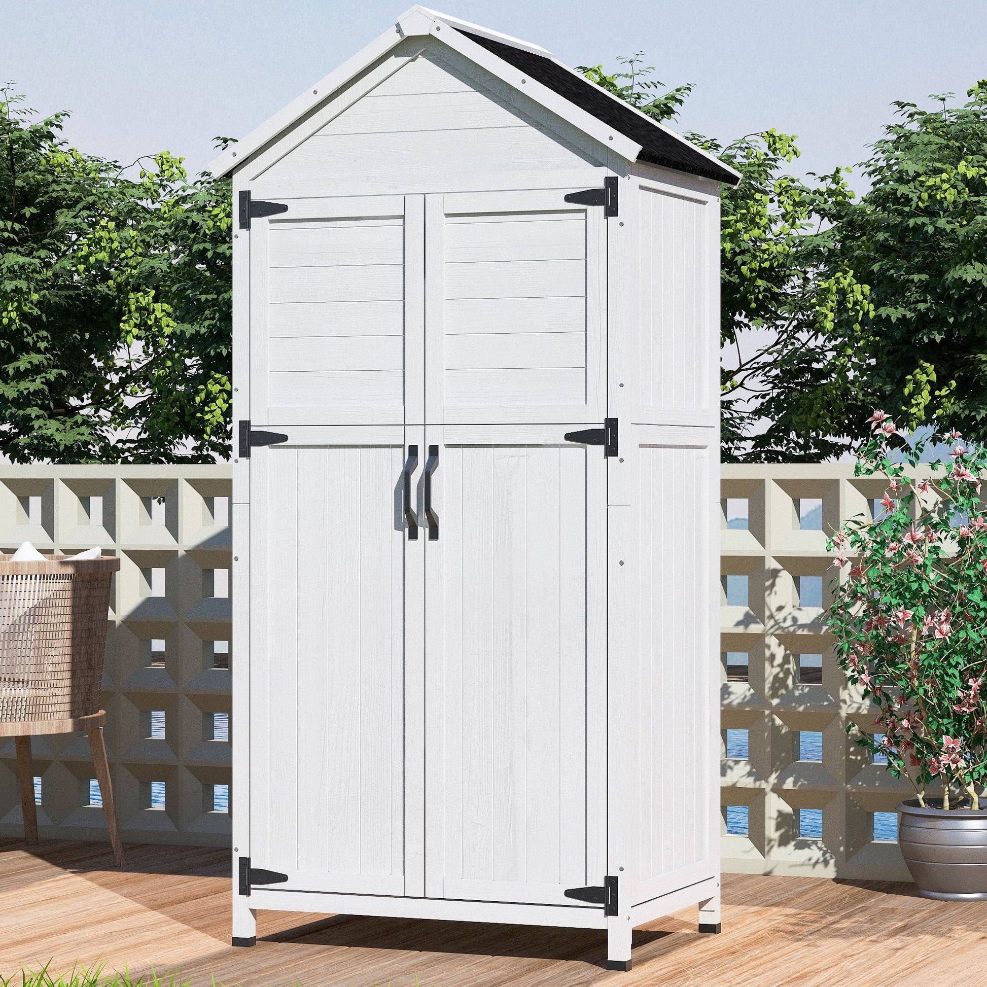 Storage Shed With Double Doors For Outdoor Garden Tool Organization - White Noble House