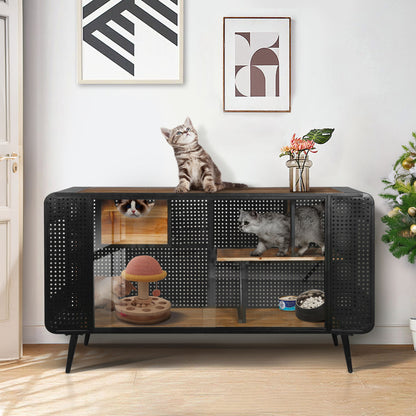 Modern Spacious Cat House With Tempered Glass And Iron Frame For Living Room - Black / Brown Daily Nest