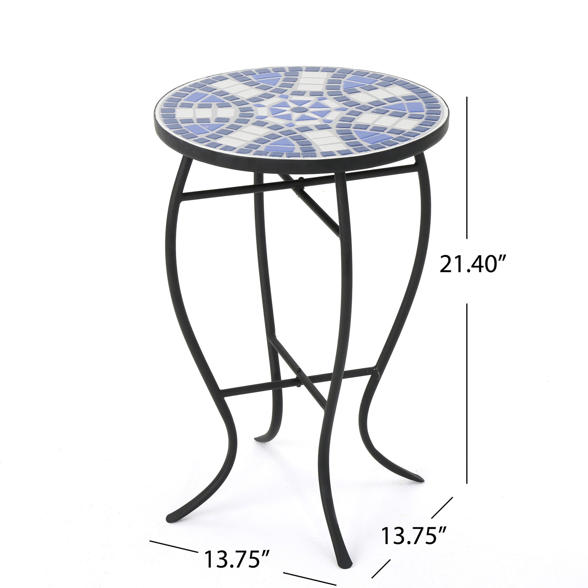 Outdoor Round Side Table With Mosaic Style Top And Curved Iron Legs - Blue / Matte Black Noble House