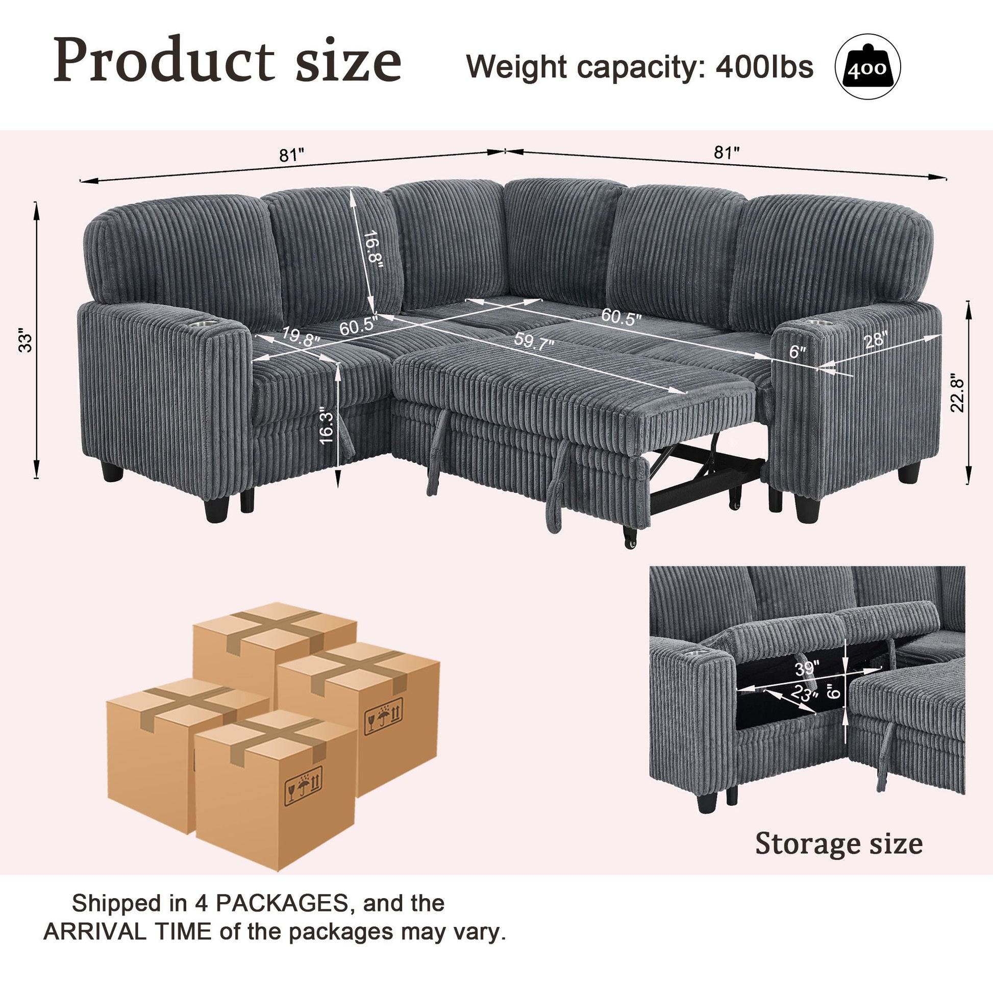 L-Shaped Sofa With Pull Out Sofa Bed With USB Home Essentials