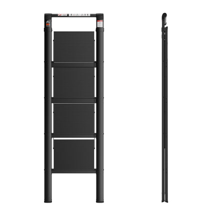 4 Step Ladder, Retractable Handgrip Folding Step Stool With Anti-Slip Wide Pedal, Aluminum Step Ladders 4 Steps, 300Lbs Safety Household Ladder - Black