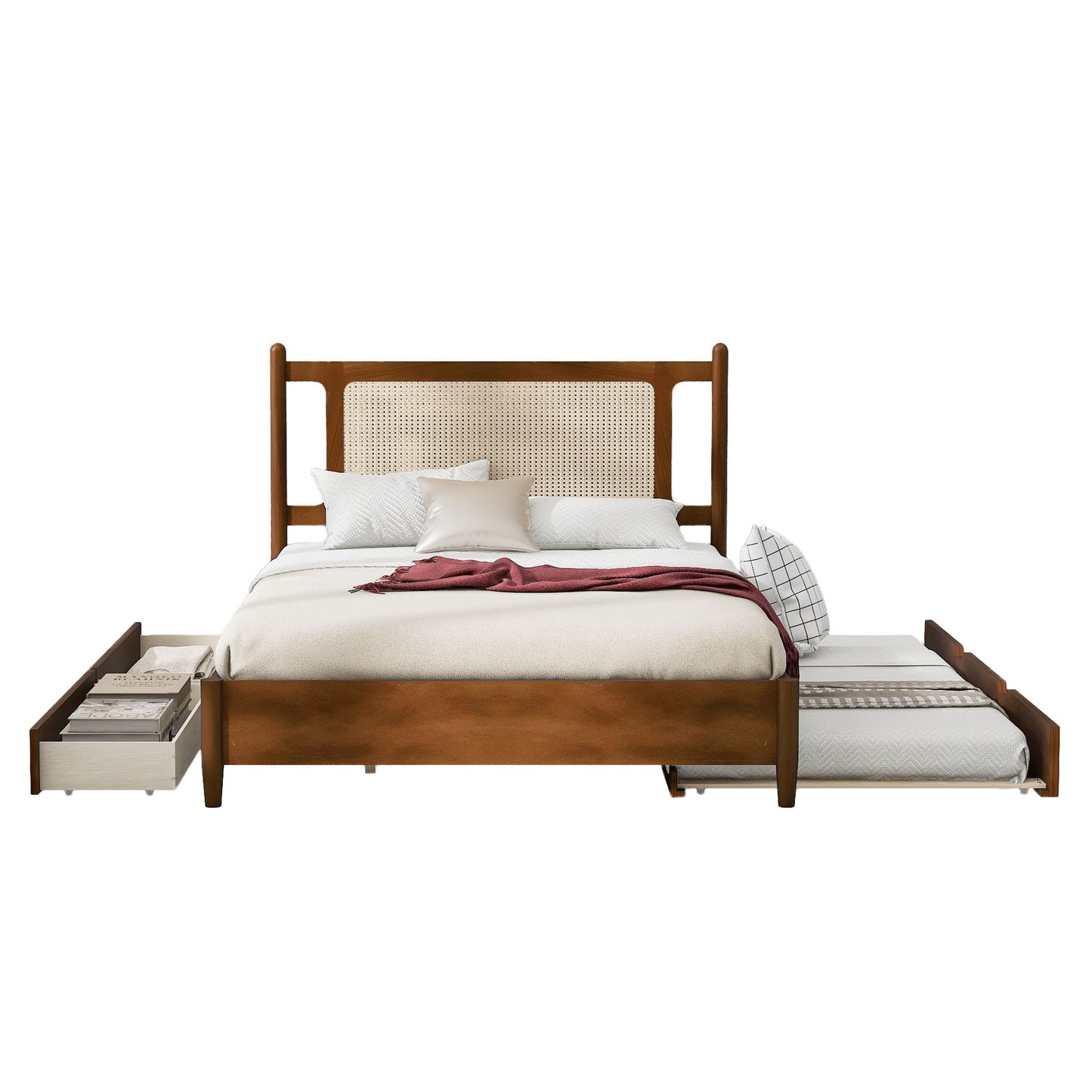 Wooden Rattan Platform Bed, With 2 Big Drawers & Trundle