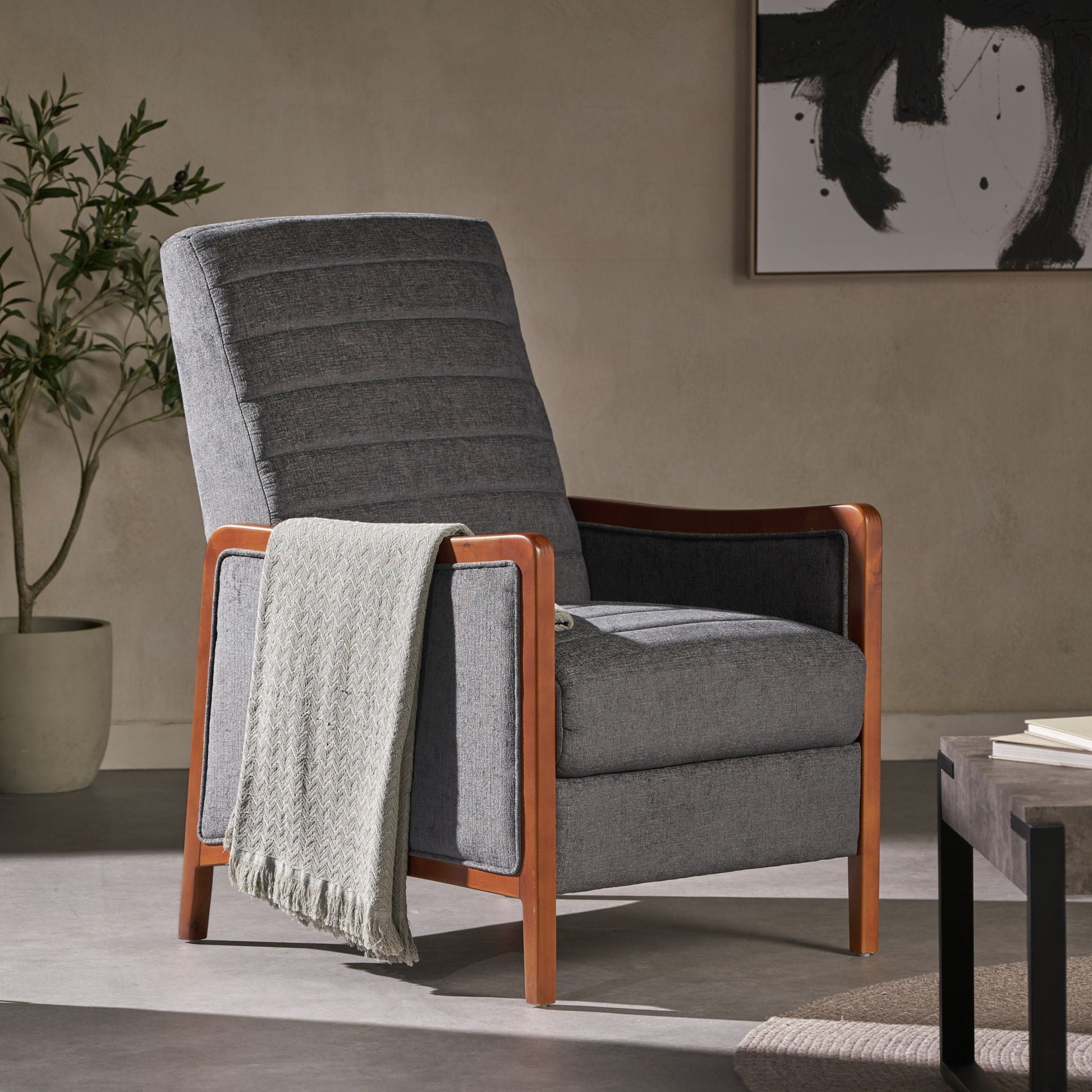 Mendota - Mid Century Modern Fabric Channel Stitch Wood Pushback Recliner - Gray Noble House
