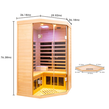 2 Persons Large Glass Front Deluxe Version Hemlock Far Infrared Corner Sauna Room - Natural Daily Nest