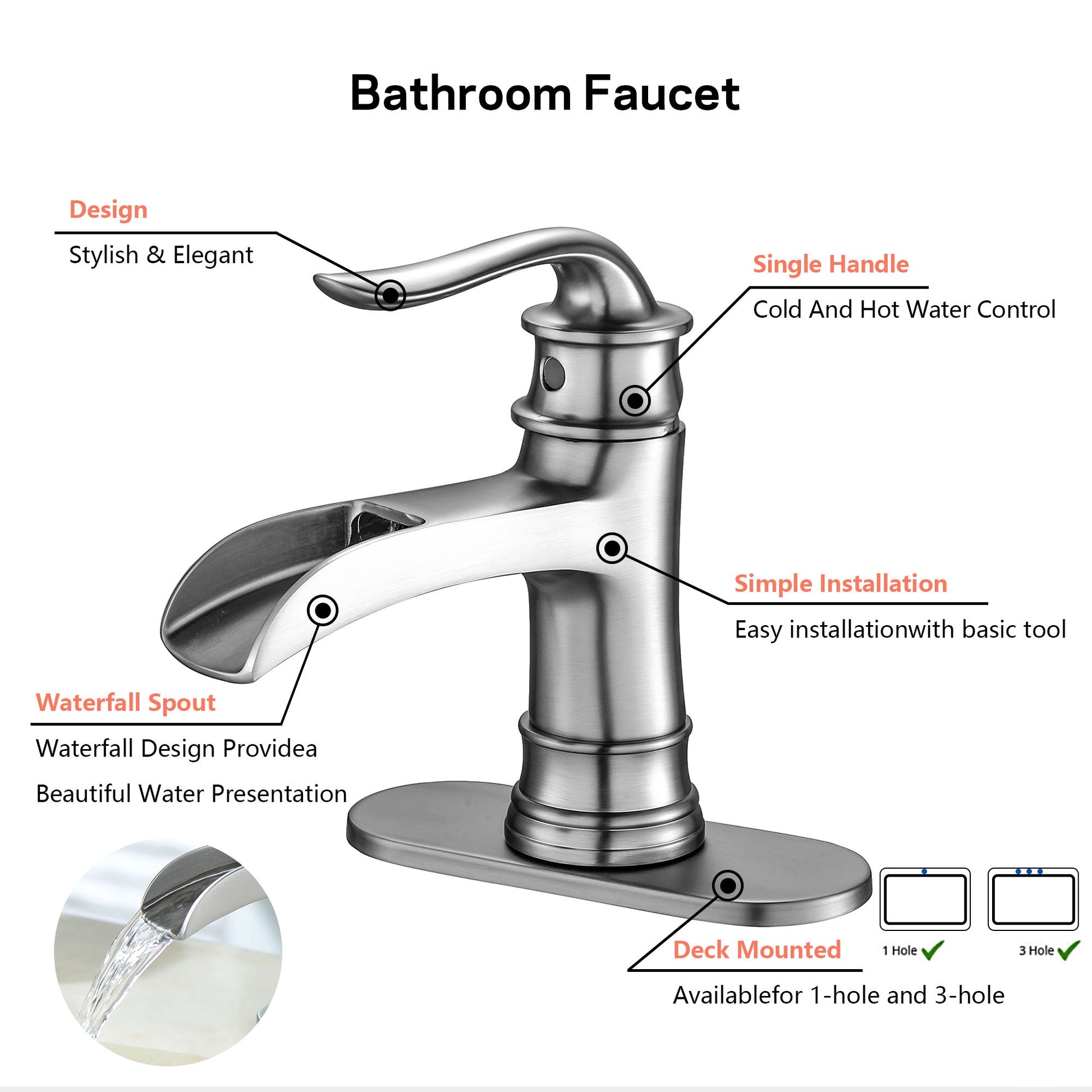 Waterfall Spout Bathroom Faucet With Single Handle And Pop Up Drain - Brushed Nickel Daily Nest