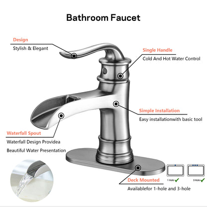 Waterfall Spout Bathroom Faucet With Single Handle And Pop Up Drain - Brushed Nickel Daily Nest