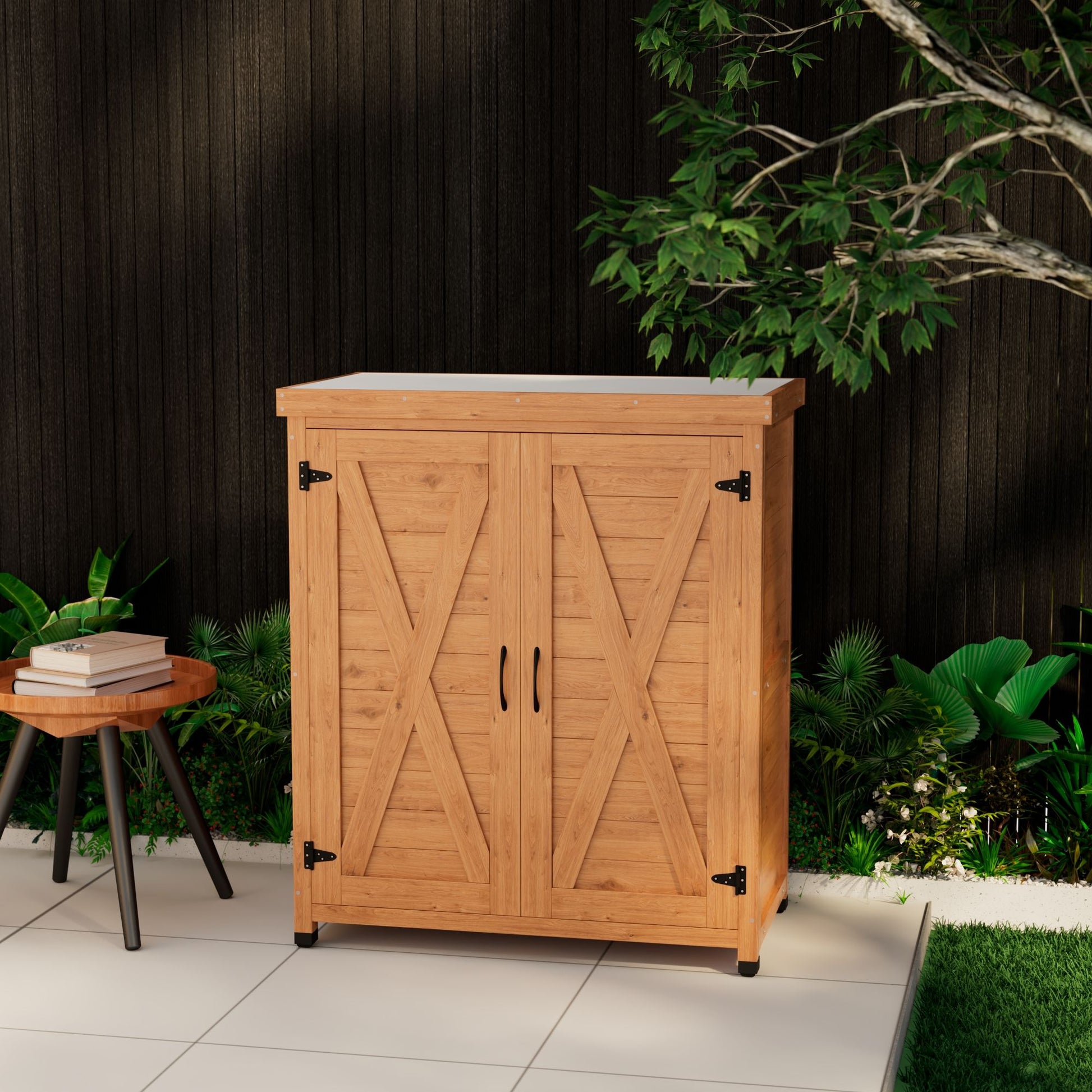 Rustic Cedar Potting Bench With Storage Cabinet And Metal Table Top For Outdoor Patio - Light Brown Home Essentials