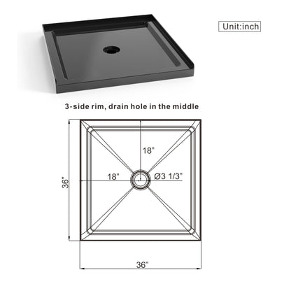 Shower Base, Anti Slip Center Drain Single Threshold - Black Daily Nest