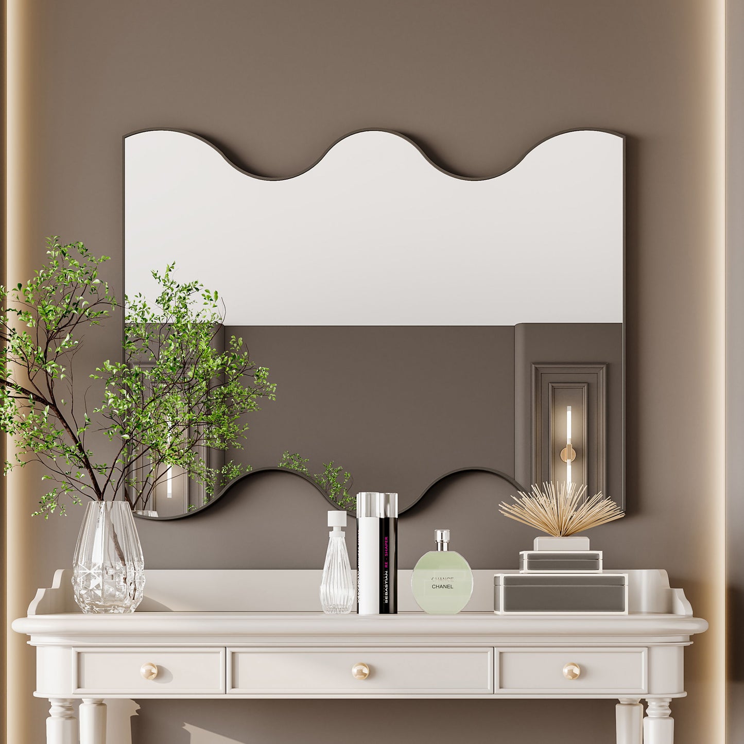 Wall Mirror Rectangular Mirror With 2 Wavy Sides Metal Framed Mirror Vanity Mirror Dressing Mirror, For Bathroom, Living Room, Bedroom Wall Decor