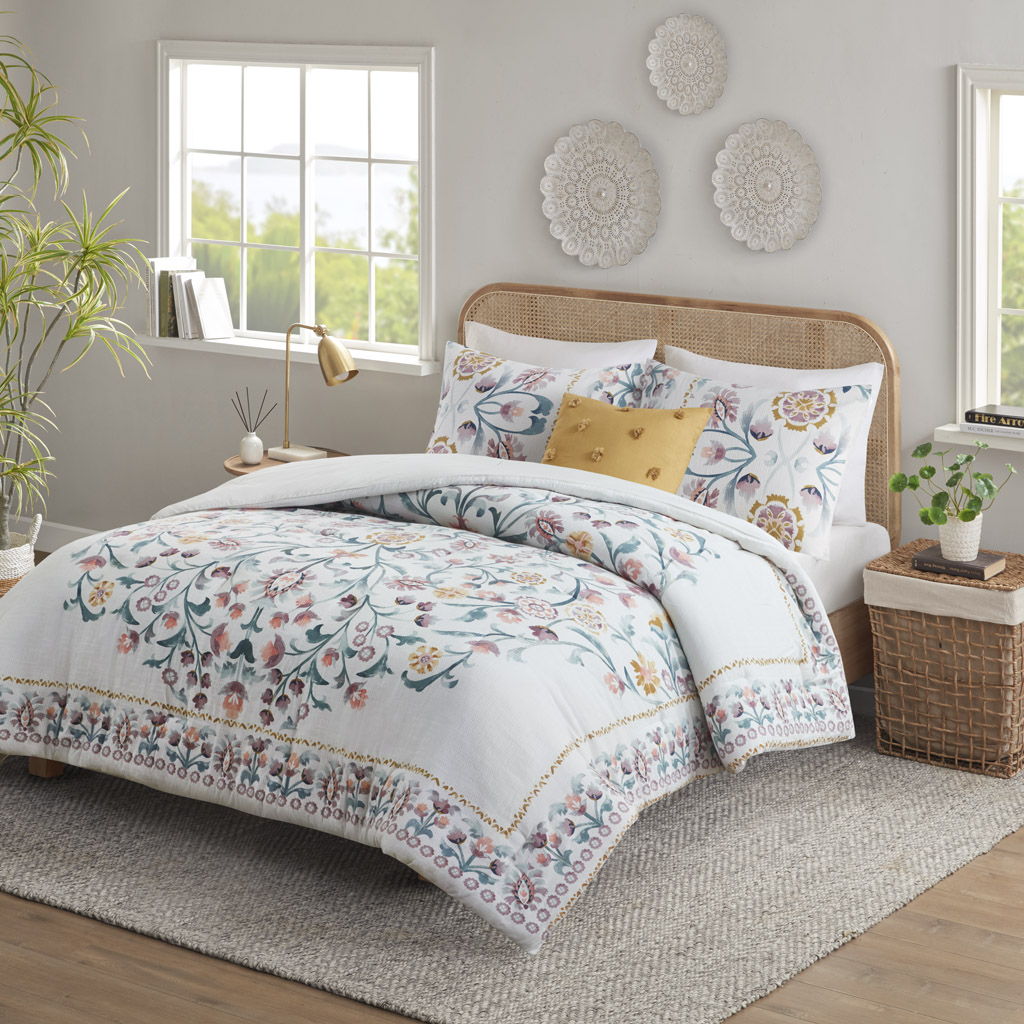 Gemma - 4 Piece Floral Comforter Set With Throw Pillow - White