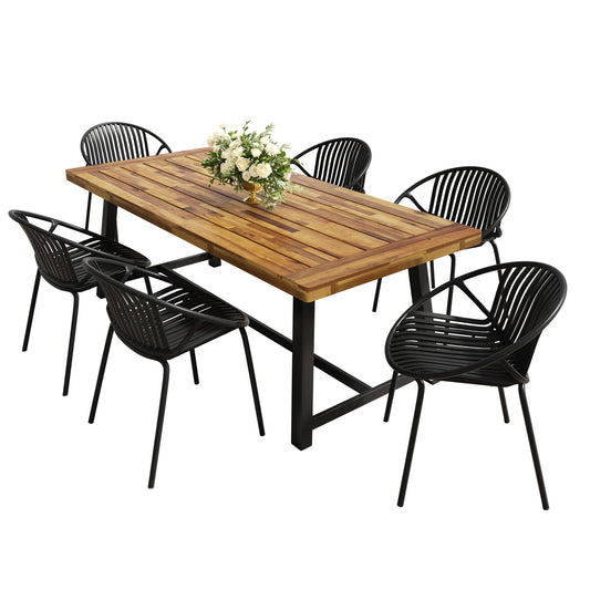 7 Piece Outdoor Modern Dining Set With Stackable Chairs Noble House