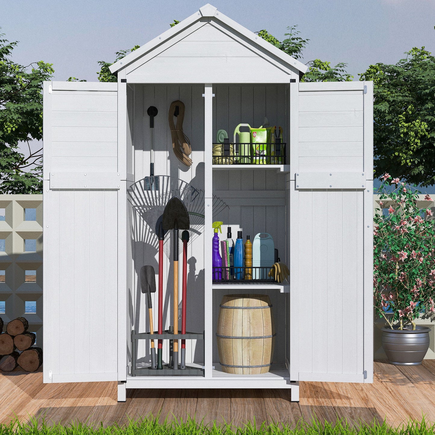 Storage Shed With Double Doors For Outdoor Garden Tool Organization - White Noble House